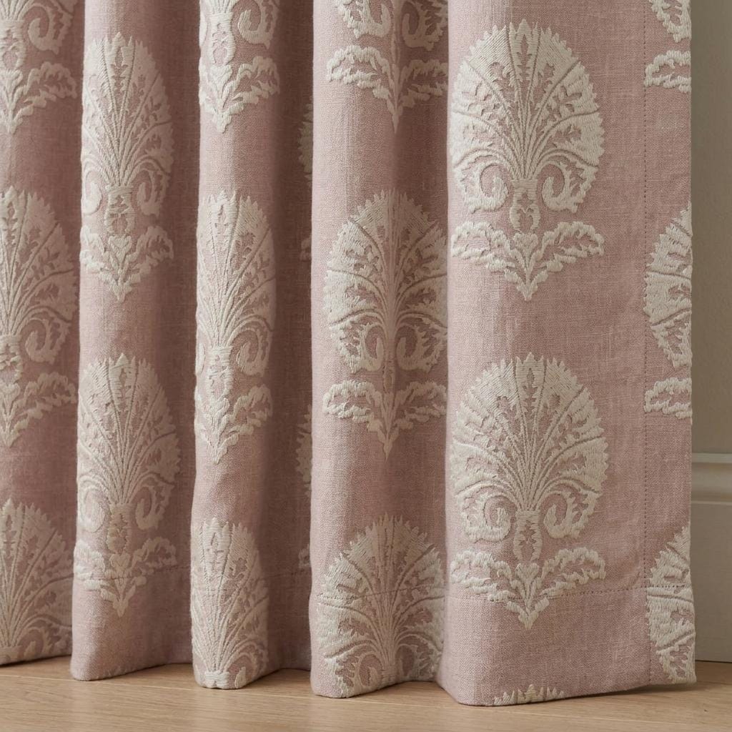 Dusty Rose Taupe Linen Curtains, Ivory Damask Embroidered Drapes, Heavy Linen Blackout Custom Panels — image 7