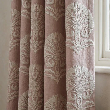 Dusty Rose Taupe Linen Curtains, Ivory Damask Embroidered Drapes, Heavy Linen Blackout Custom Panels — image 1