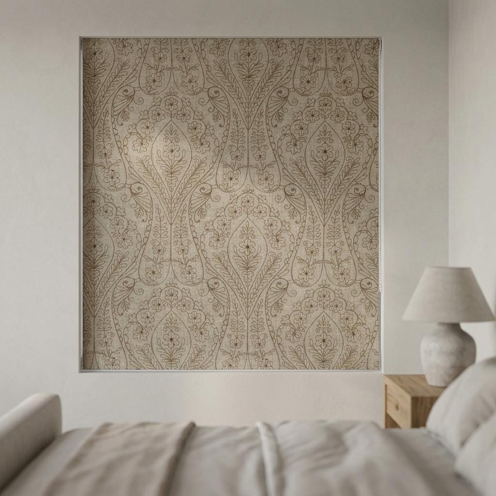 Taupe Floral Embroidered Linen Roman Shade, Custom Blackout or Cotton Lined Corded Window Blind, Beige Paisley Botanical Blind — image 5