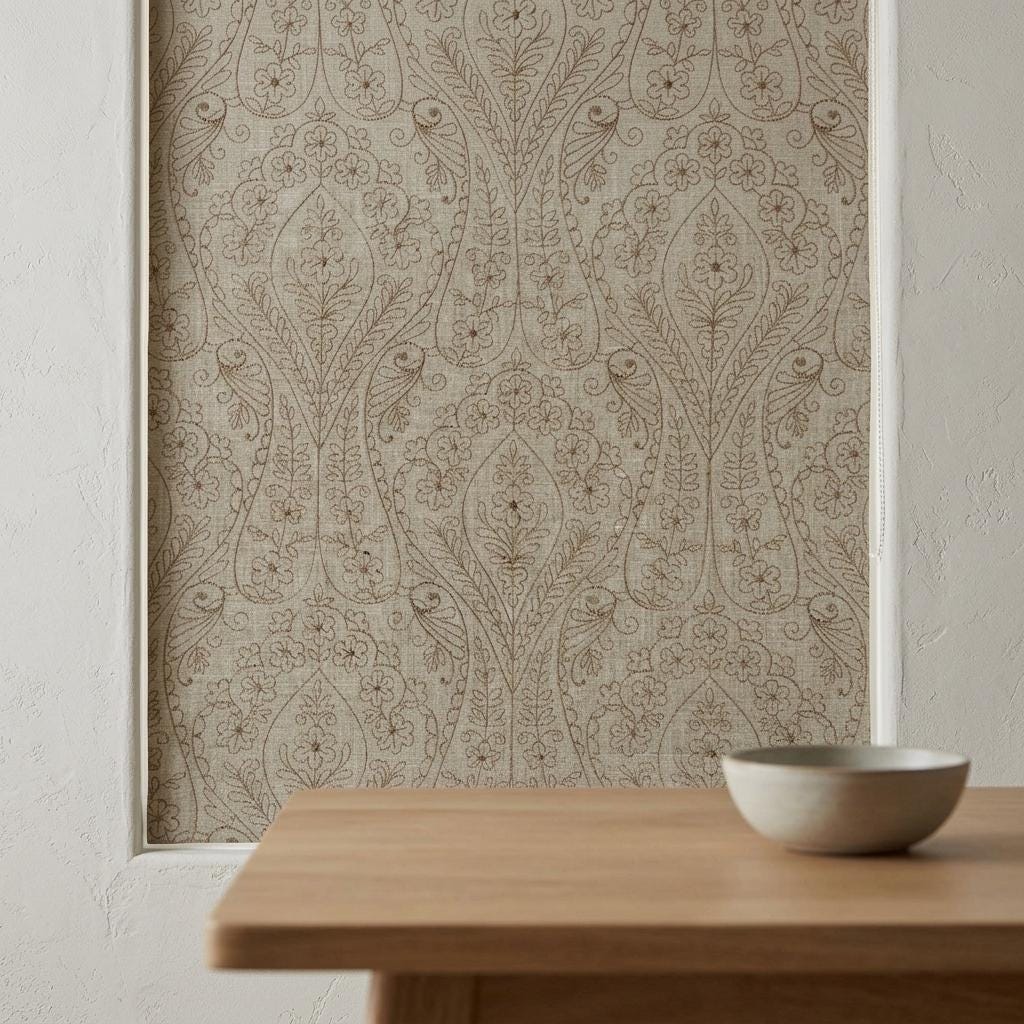 Taupe Floral Embroidered Linen Roman Shade, Custom Blackout or Cotton Lined Corded Window Blind, Beige Paisley Botanical Blind — image 4