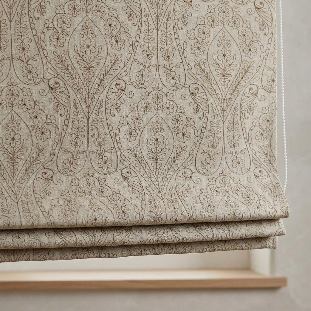 Taupe Floral Embroidered Linen Roman Shade, Custom Blackout or Cotton Lined Corded Window Blind, Beige Paisley Botanical Blind — image 1