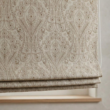 Taupe Floral Embroidered Linen Roman Shade, Custom Blackout or Cotton Lined Corded Window Blind, Beige Paisley Botanical Blind — image 1