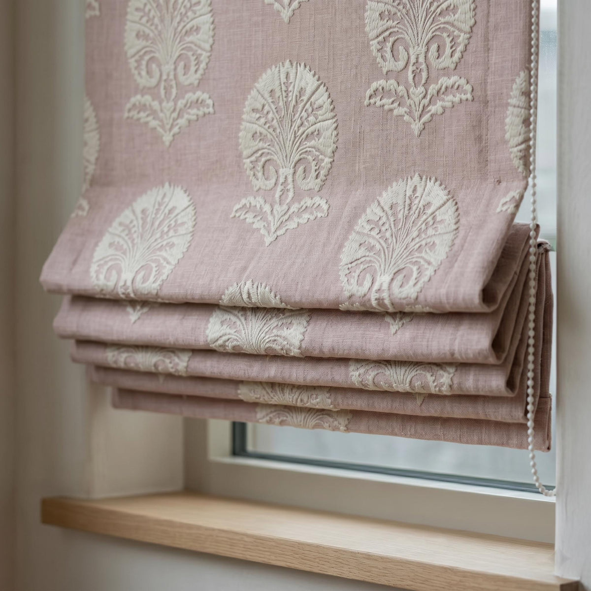 Dusty Mauve Linen Roman Shade, Ivory Embroidered Damask Blind, Custom Corded Blackout or Cotton Lined Window Shade — image 8
