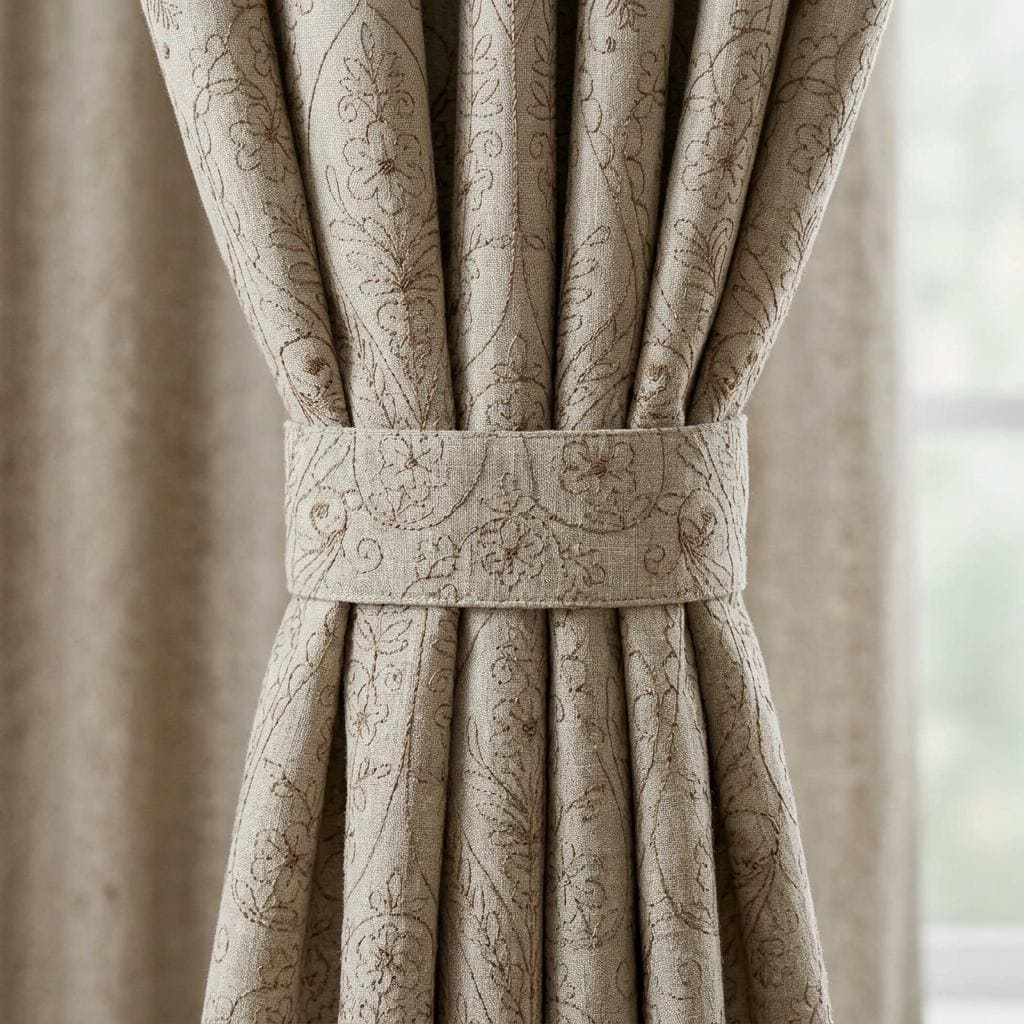 Taupe Paisley Floral Embroidered Linen Curtains, Grey Heavy Drapes, Custom Blackout Cotton Lined Panels — image 1