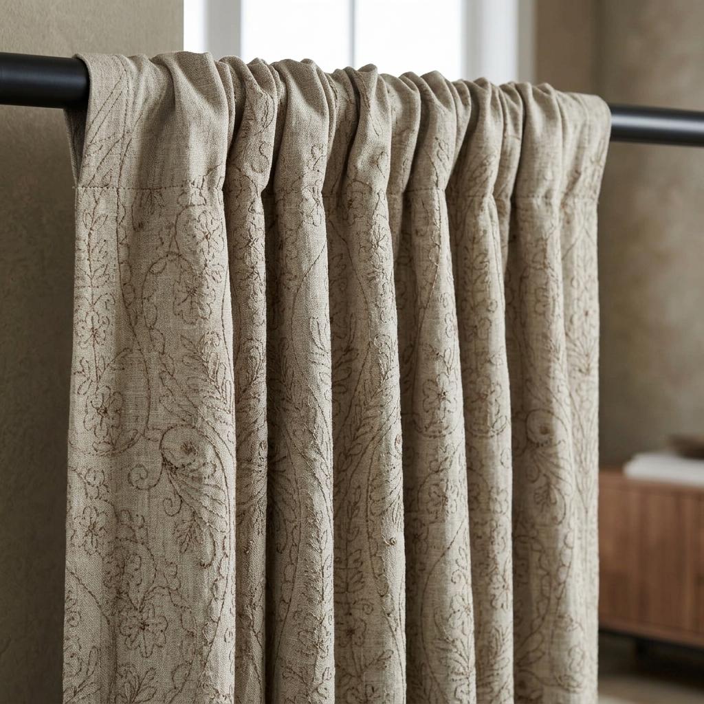 Taupe Paisley Floral Embroidered Linen Curtains, Grey Heavy Drapes, Custom Blackout Cotton Lined Panels — image 6