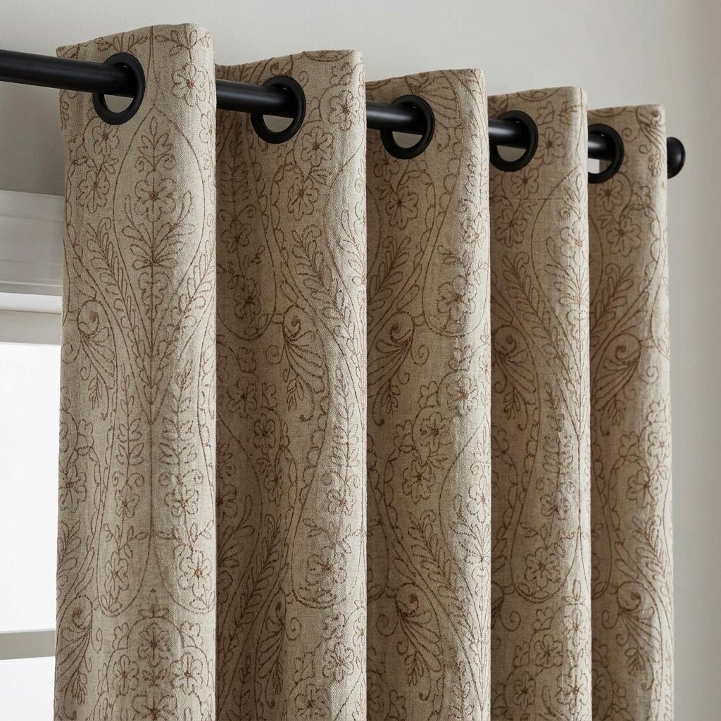 Taupe Paisley Floral Embroidered Linen Curtains, Grey Heavy Drapes, Custom Blackout Cotton Lined Panels — image 8