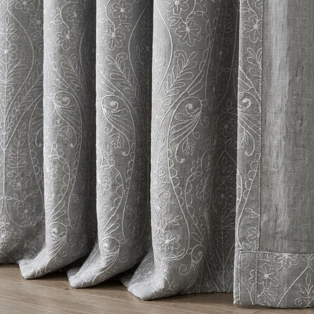 White Paisley Floral Embroidered Linen Curtains, Grey Heavy Drapes, Custom Blackout Cotton Lined Panels — image 2