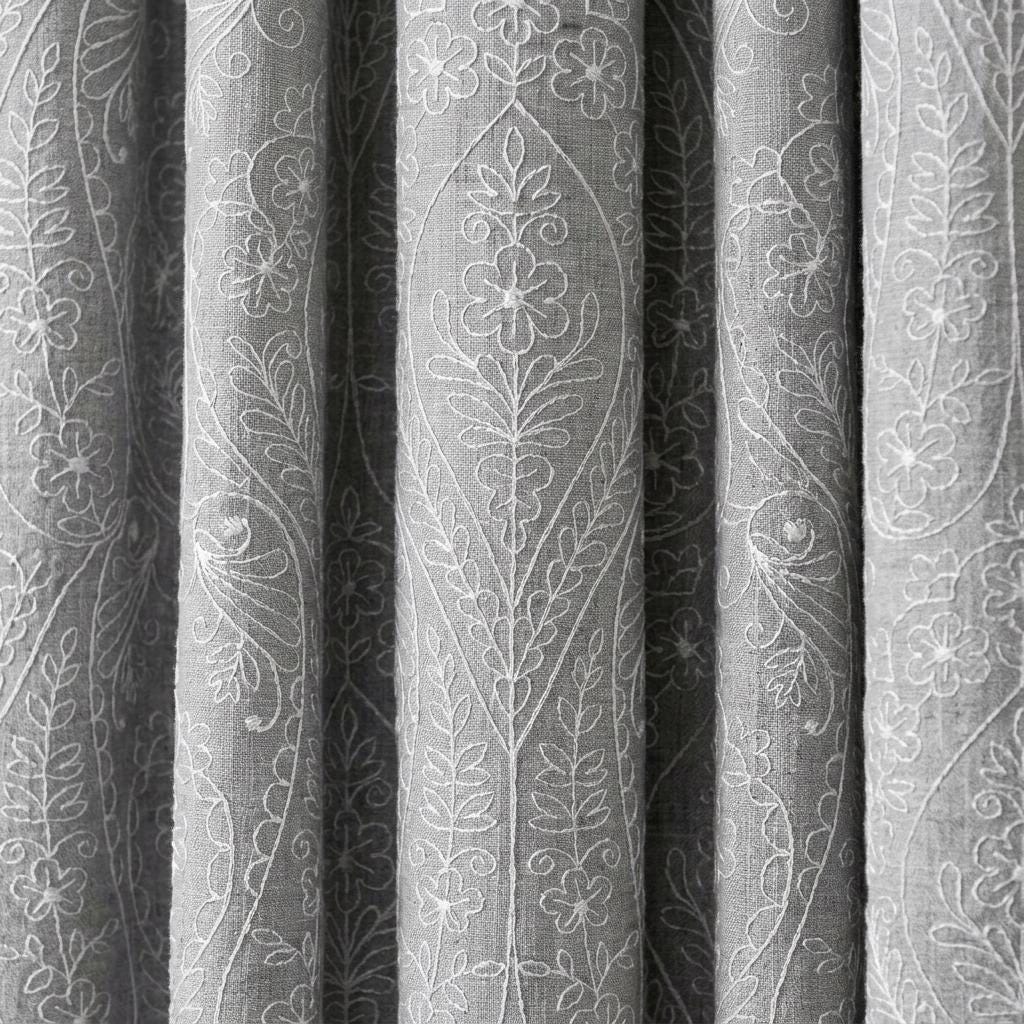 White Paisley Floral Embroidered Linen Curtains, Grey Heavy Drapes, Custom Blackout Cotton Lined Panels — image 1