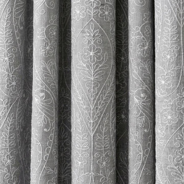 White Paisley Floral Embroidered Linen Curtains, Grey Heavy Drapes, Custom Blackout Cotton Lined Panels — image 1