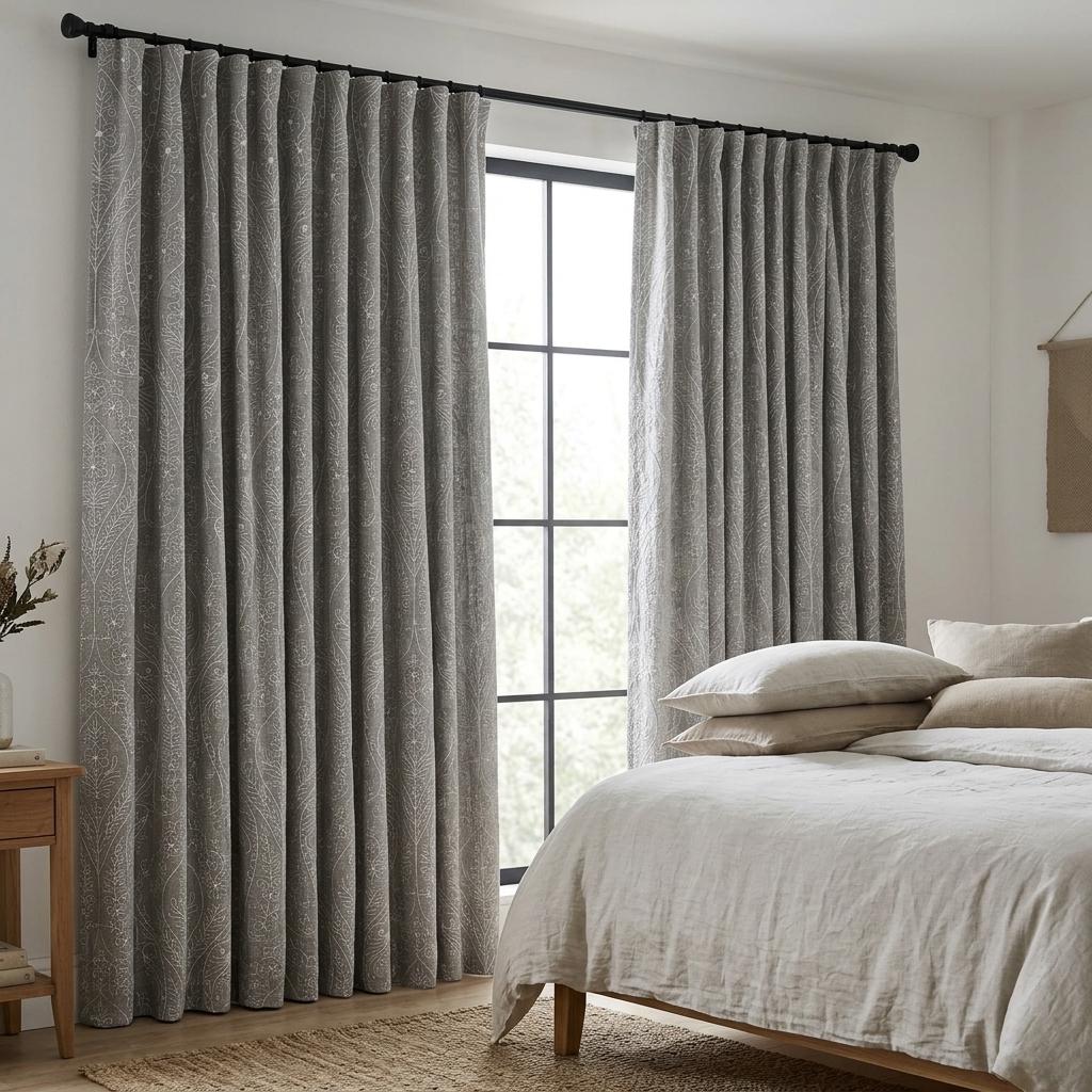 White Paisley Floral Embroidered Linen Curtains, Grey Heavy Drapes, Custom Blackout Cotton Lined Panels — image 5