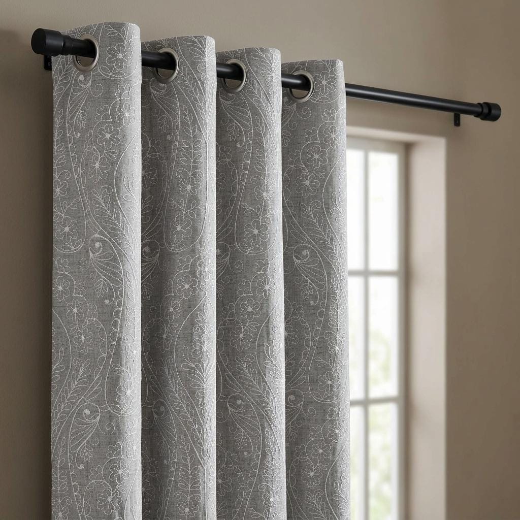 White Paisley Floral Embroidered Linen Curtains, Grey Heavy Drapes, Custom Blackout Cotton Lined Panels — image 9