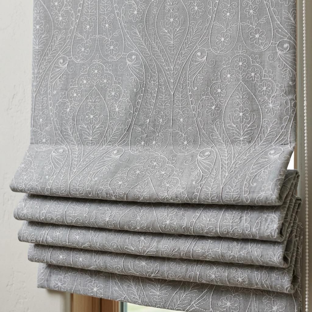 Gray Ivory Floral Embroidered Linen Roman Shade, Custom Blackout or Cotton Lined Corded Window Blind, Paisley Botanical Blind — image 6