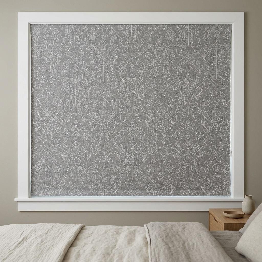 Gray Ivory Floral Embroidered Linen Roman Shade, Custom Blackout or Cotton Lined Corded Window Blind, Paisley Botanical Blind — image 1