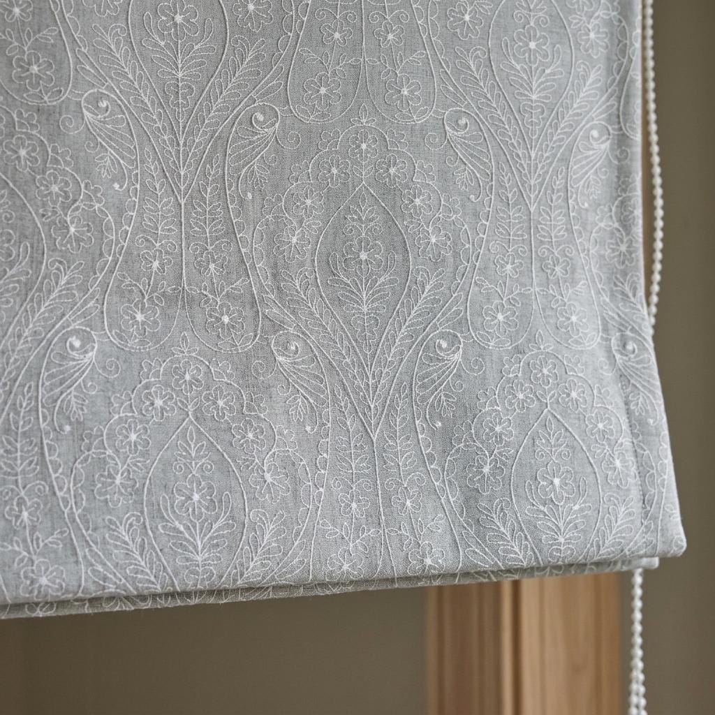 Gray Ivory Floral Embroidered Linen Roman Shade, Custom Blackout or Cotton Lined Corded Window Blind, Paisley Botanical Blind — image 7