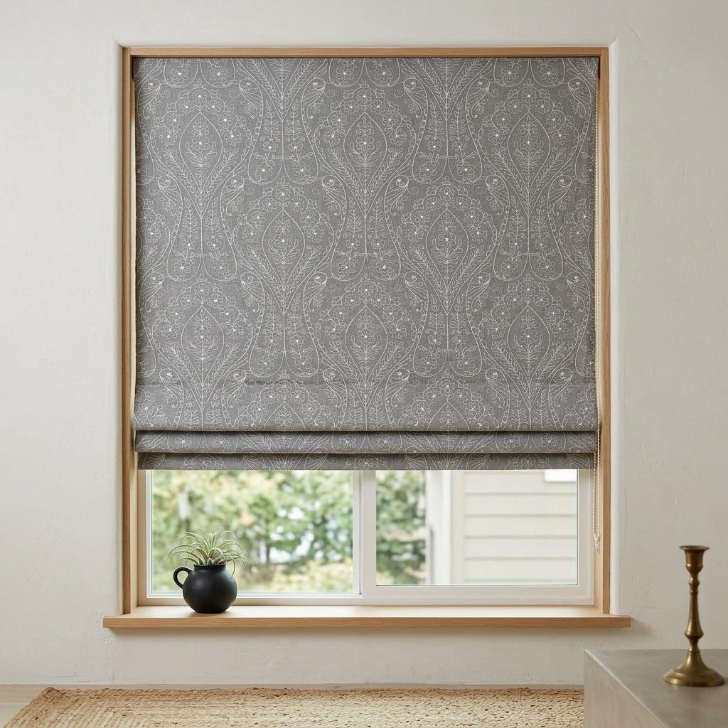 Gray Ivory Floral Embroidered Linen Roman Shade, Custom Blackout or Cotton Lined Corded Window Blind, Paisley Botanical Blind — image 8