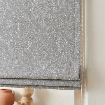 Gray Ivory Floral Embroidered Linen Roman Shade, Custom Blackout or Cotton Lined Corded Window Blind, Paisley Botanical Blind — image 1