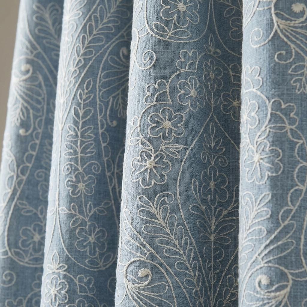 Heavy Blue Pure Linen Curtains, White Embroidered Floral Paisley Drapes, Custom Blackout Panels for Bedroom Living Room — image 1