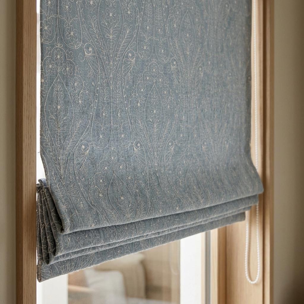 Custom Blue Pure Linen Roman Shade, White Embroidered Floral Paisley Roman Blind, Blackout Window Shade, Corded Nursery Farmhouse — image 1