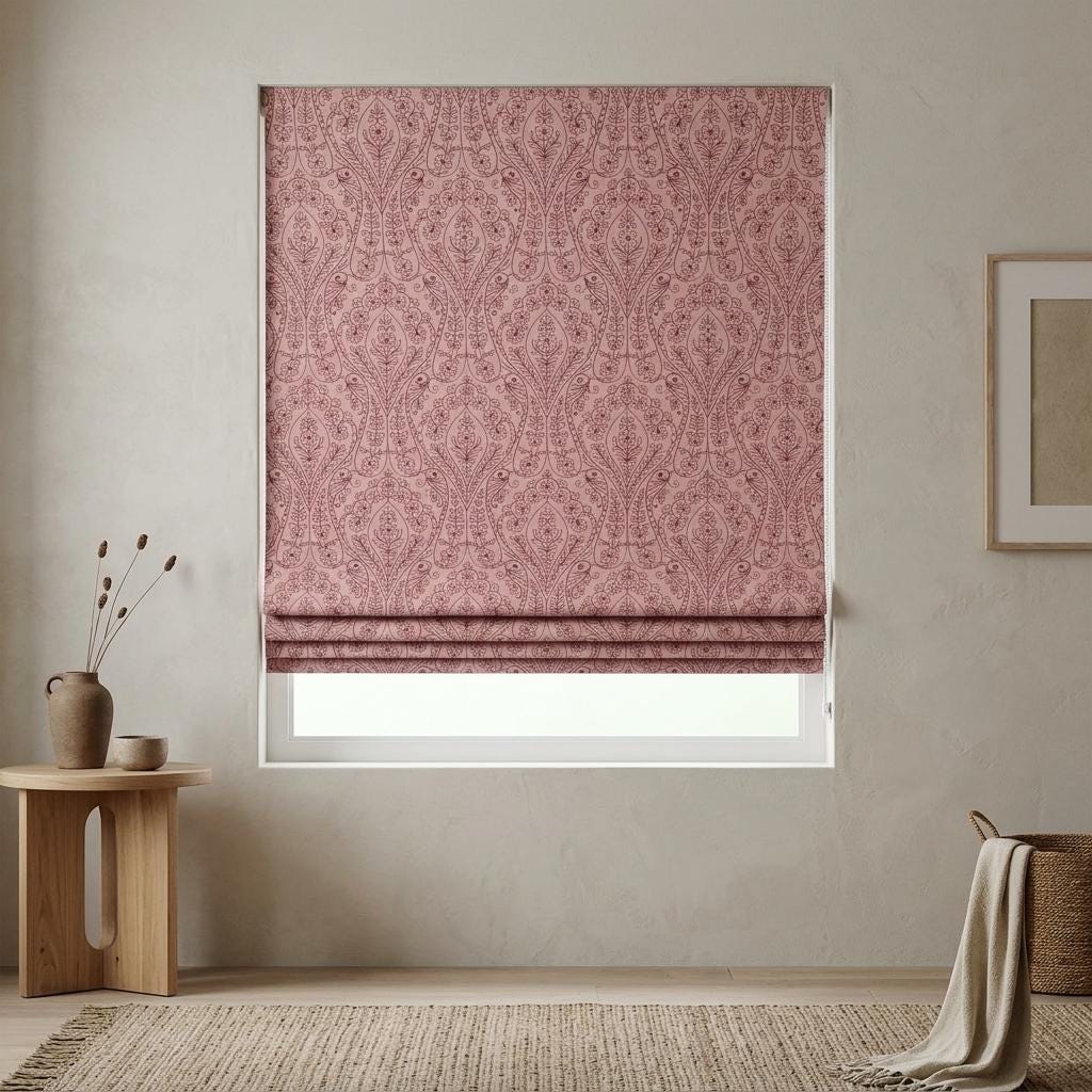 Dusty Pink Linen Roman Shade, Burgundy Embroidered Floral Paisley Blind, Custom Blackout Corded Nursery Shade — image 8