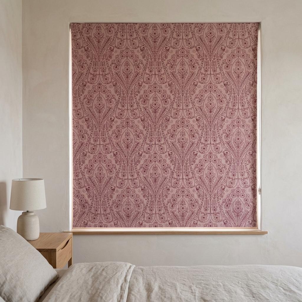 Dusty Pink Linen Roman Shade, Burgundy Embroidered Floral Paisley Blind, Custom Blackout Corded Nursery Shade — image 3