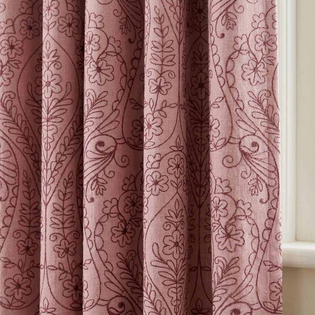 Dusty Rose Heavy Linen Curtains, Burgundy Embroidered Floral Paisley Drapes, Custom Blackout Cafe Curtain Panels — image 1