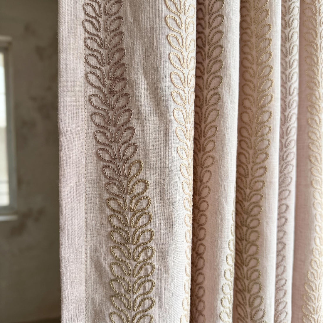 Light Pink Linen Curtains, Taupe Leaf Vine Embroidered Drapes, Heavy Linen Blackout Custom Panels — image 1