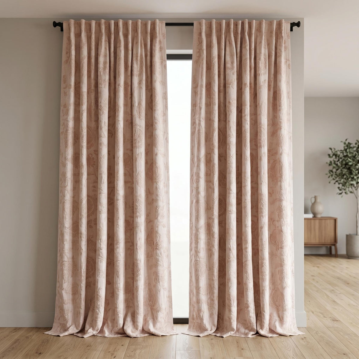 Light Pink Linen Curtains, Blush Floral Vine Embroidered Drapes, Heavy Linen Blackout Custom Window Panels — image 6