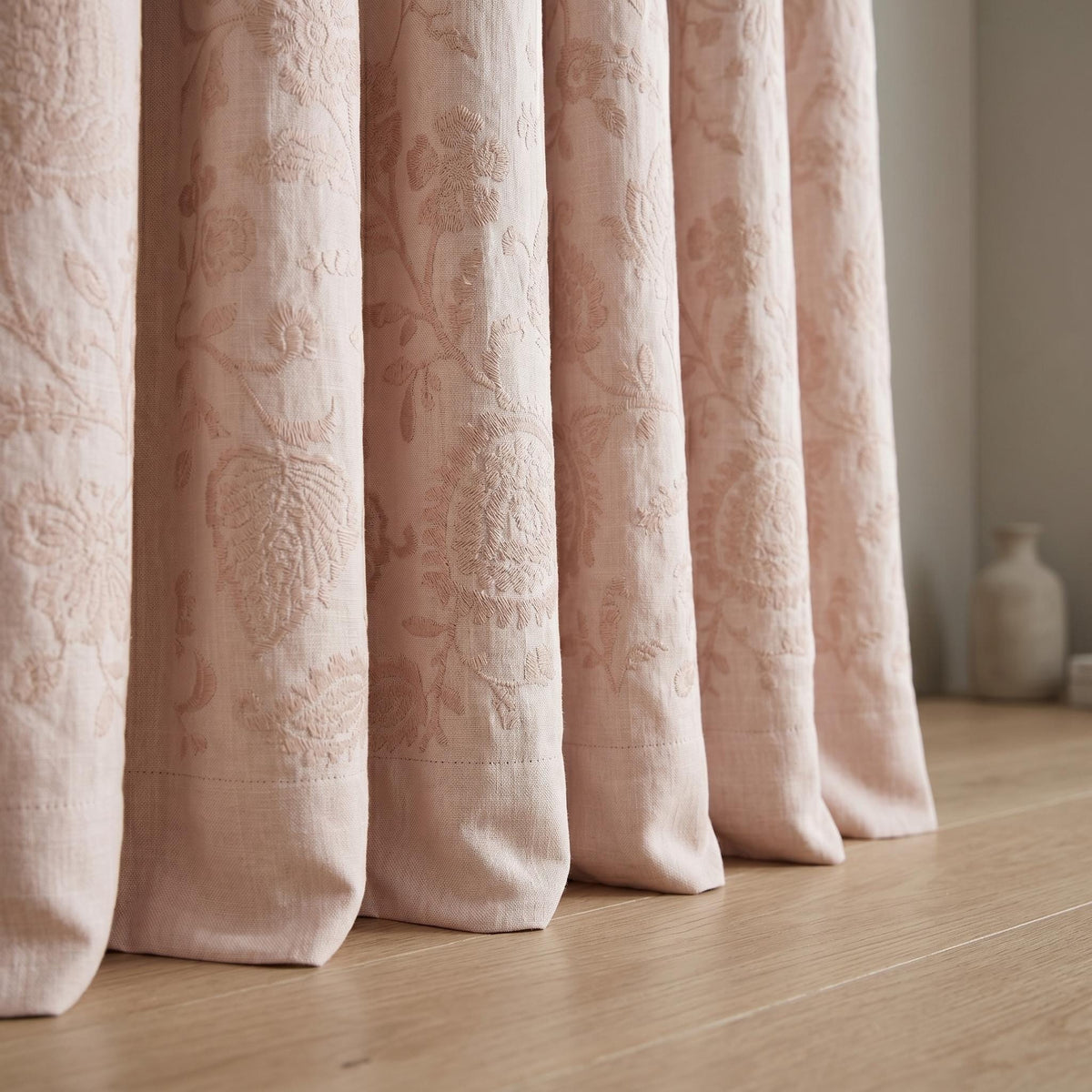 Light Pink Linen Curtains, Blush Floral Vine Embroidered Drapes, Heavy Linen Blackout Custom Window Panels — image 4