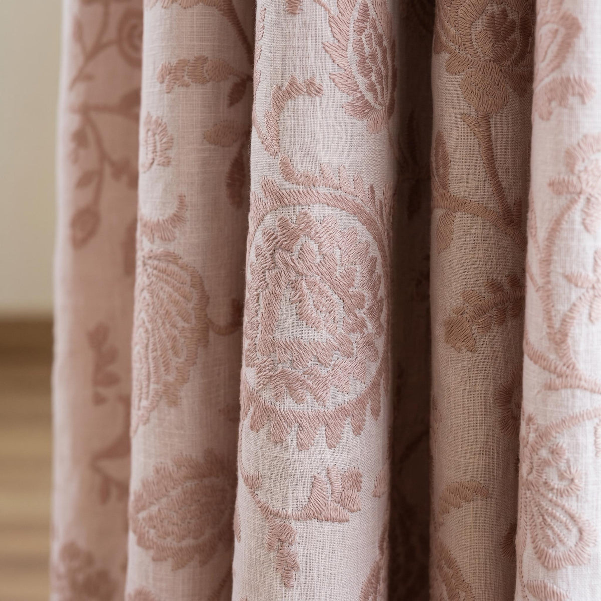 Light Pink Linen Curtains, Blush Floral Vine Embroidered Drapes, Heavy Linen Blackout Custom Window Panels — image 8