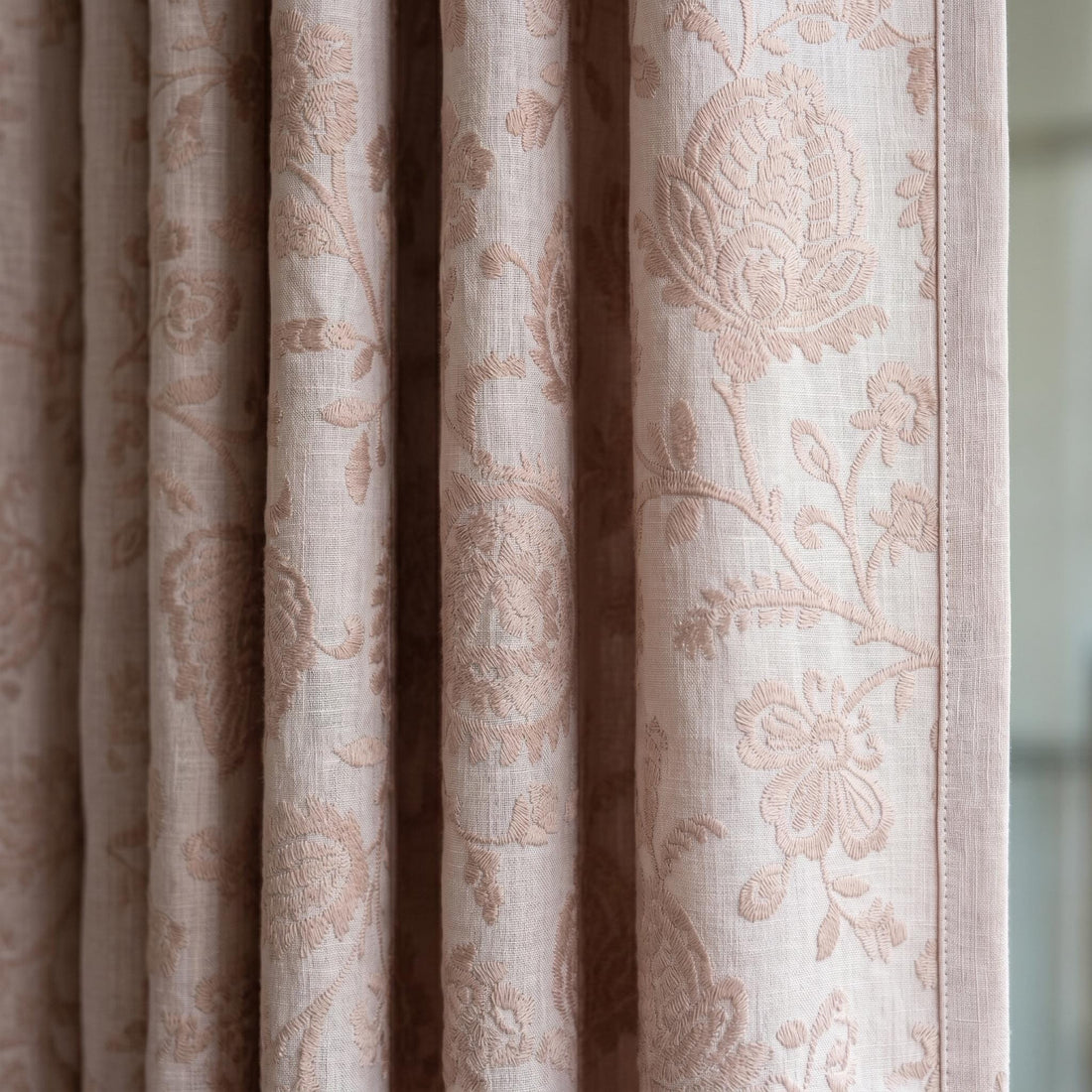 Light Pink Linen Curtains, Blush Floral Vine Embroidered Drapes, Heavy Linen Blackout Custom Window Panels — image 1