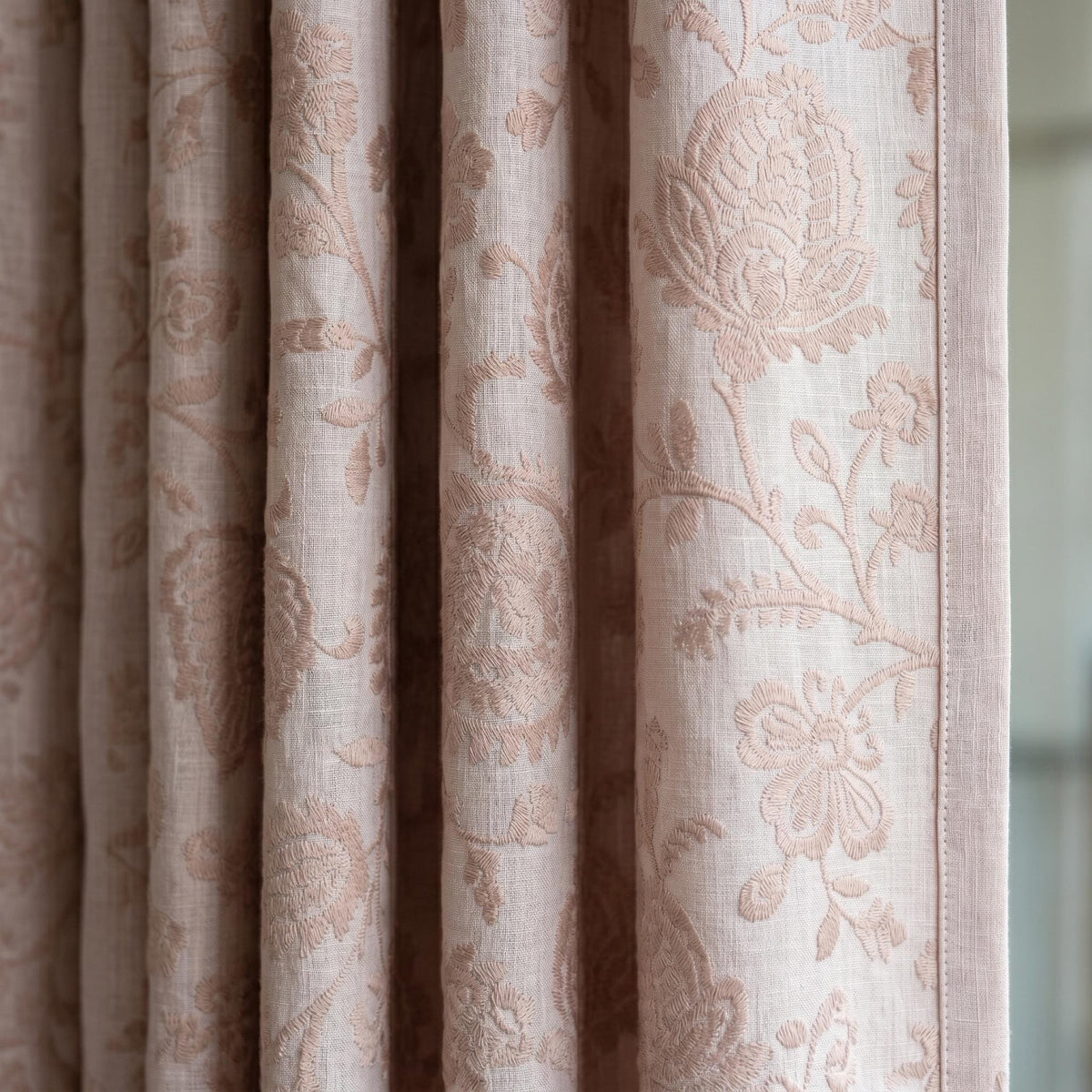 Light Pink Linen Curtains, Blush Floral Vine Embroidered Drapes, Heavy Linen Blackout Custom Window Panels — image 1