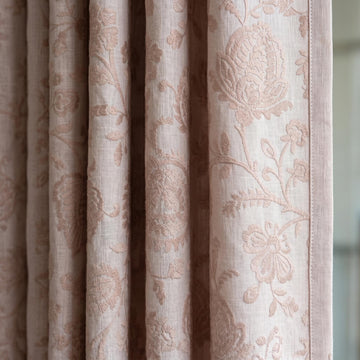 Light Pink Linen Curtains, Blush Floral Vine Embroidered Drapes, Heavy Linen Blackout Custom Window Panels — image 1