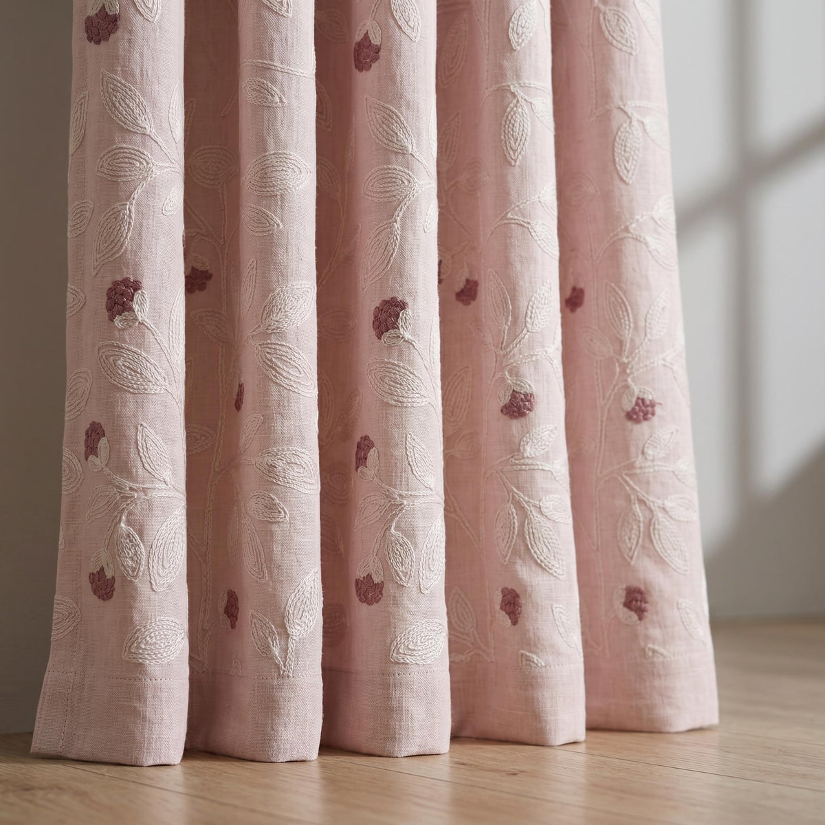 Light Pink Linen Curtains, Ivory Leaf Vine Embroidered Drapes, Mauve Floral Buds, Custom Blackout Panels — image 7