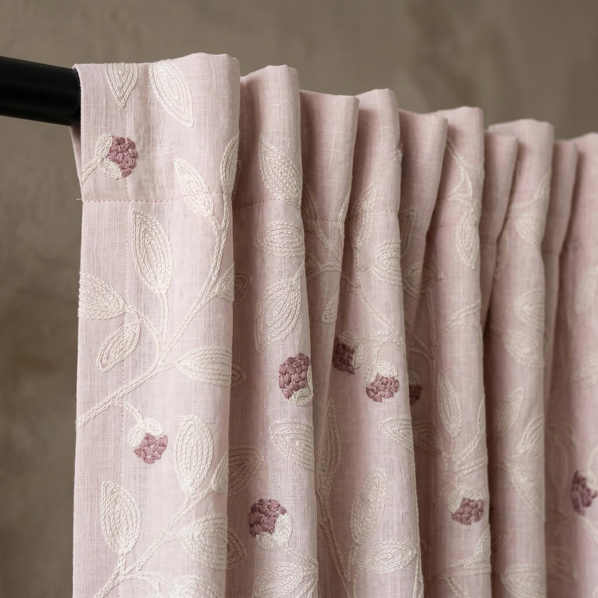 Light Pink Linen Curtains, Ivory Leaf Vine Embroidered Drapes, Mauve Floral Buds, Custom Blackout Panels — image 5