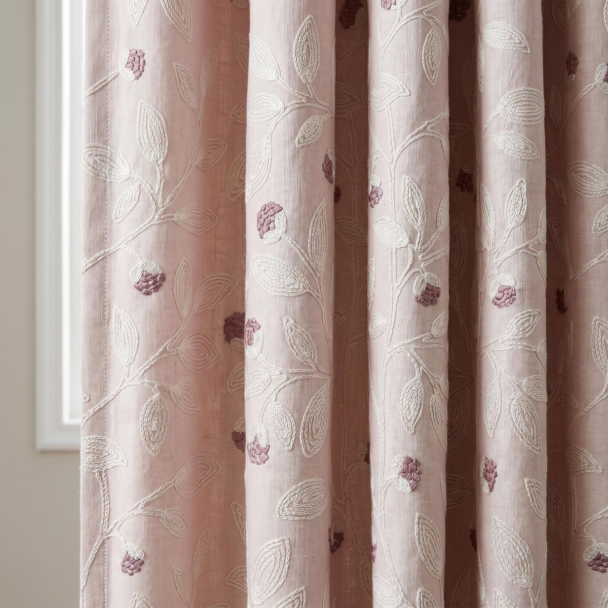Light Pink Linen Curtains, Ivory Leaf Vine Embroidered Drapes, Mauve Floral Buds, Custom Blackout Panels — image 4