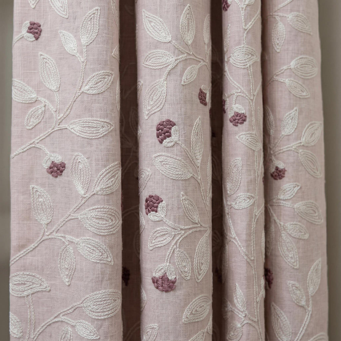 Light Pink Linen Curtains, Ivory Leaf Vine Embroidered Drapes, Mauve Floral Buds, Custom Blackout Panels — image 1