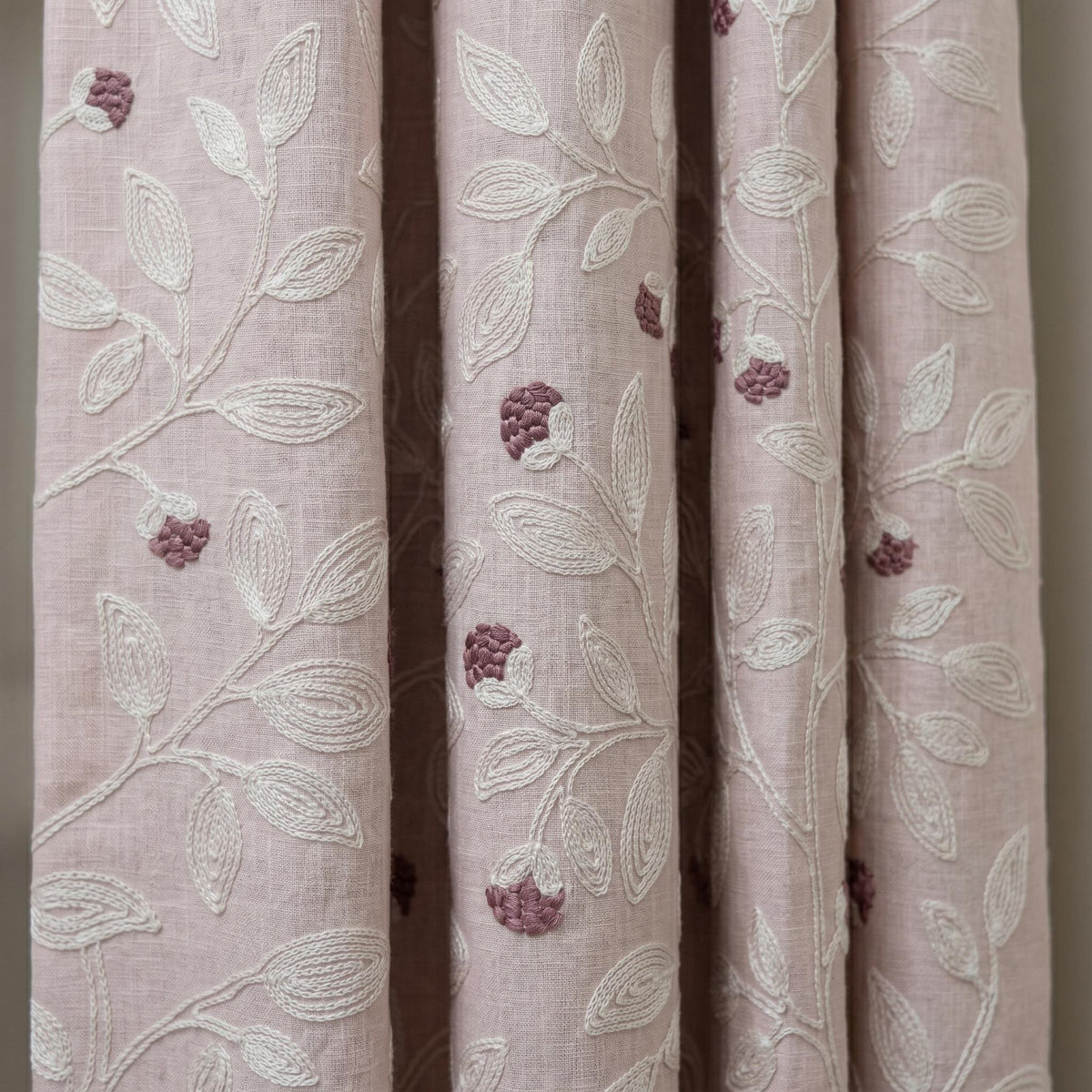 Light Pink Linen Curtains, Ivory Leaf Vine Embroidered Drapes, Mauve Floral Buds, Custom Blackout Panels — image 2