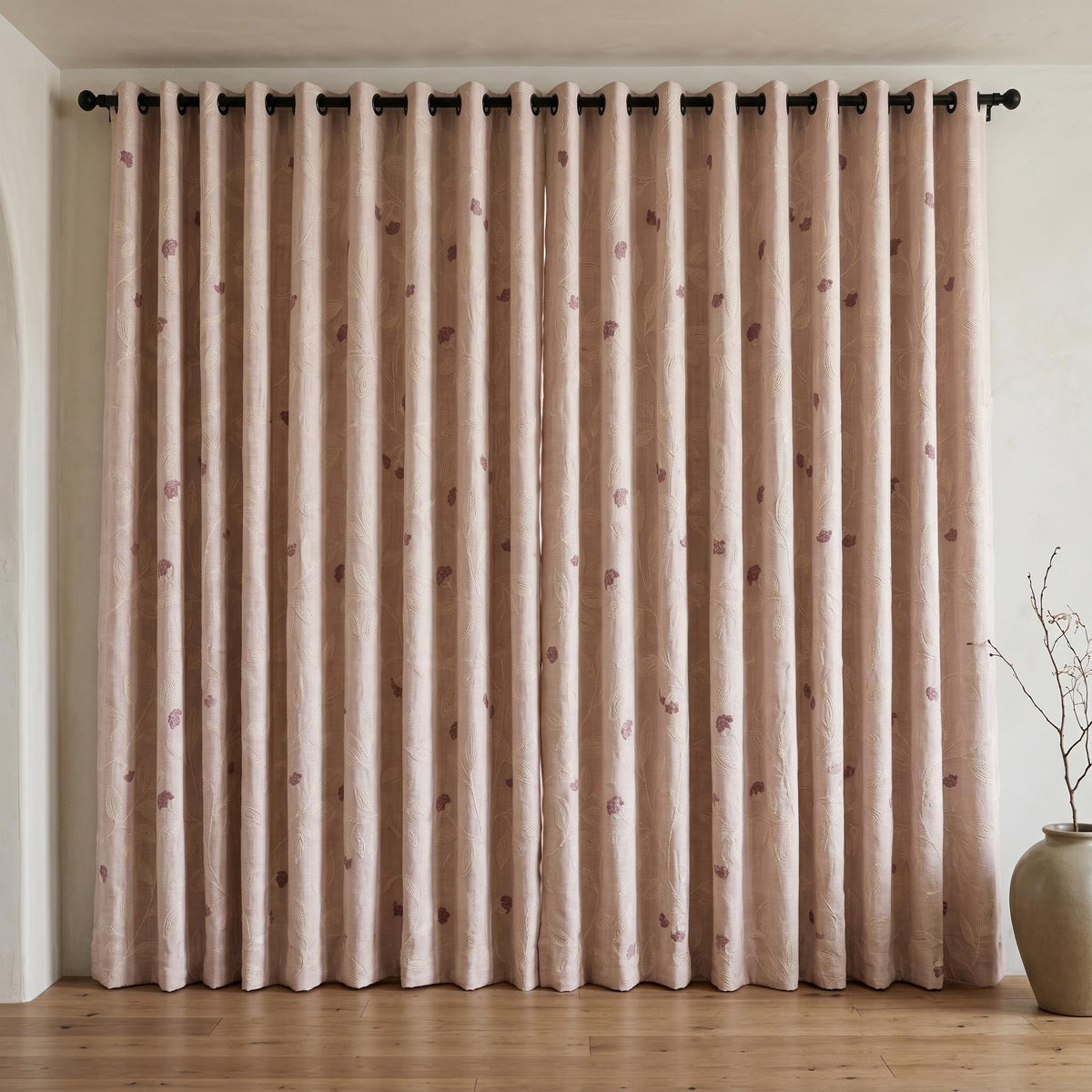 Light Pink Linen Curtains, Ivory Leaf Vine Embroidered Drapes, Mauve Floral Buds, Custom Blackout Panels — image 6