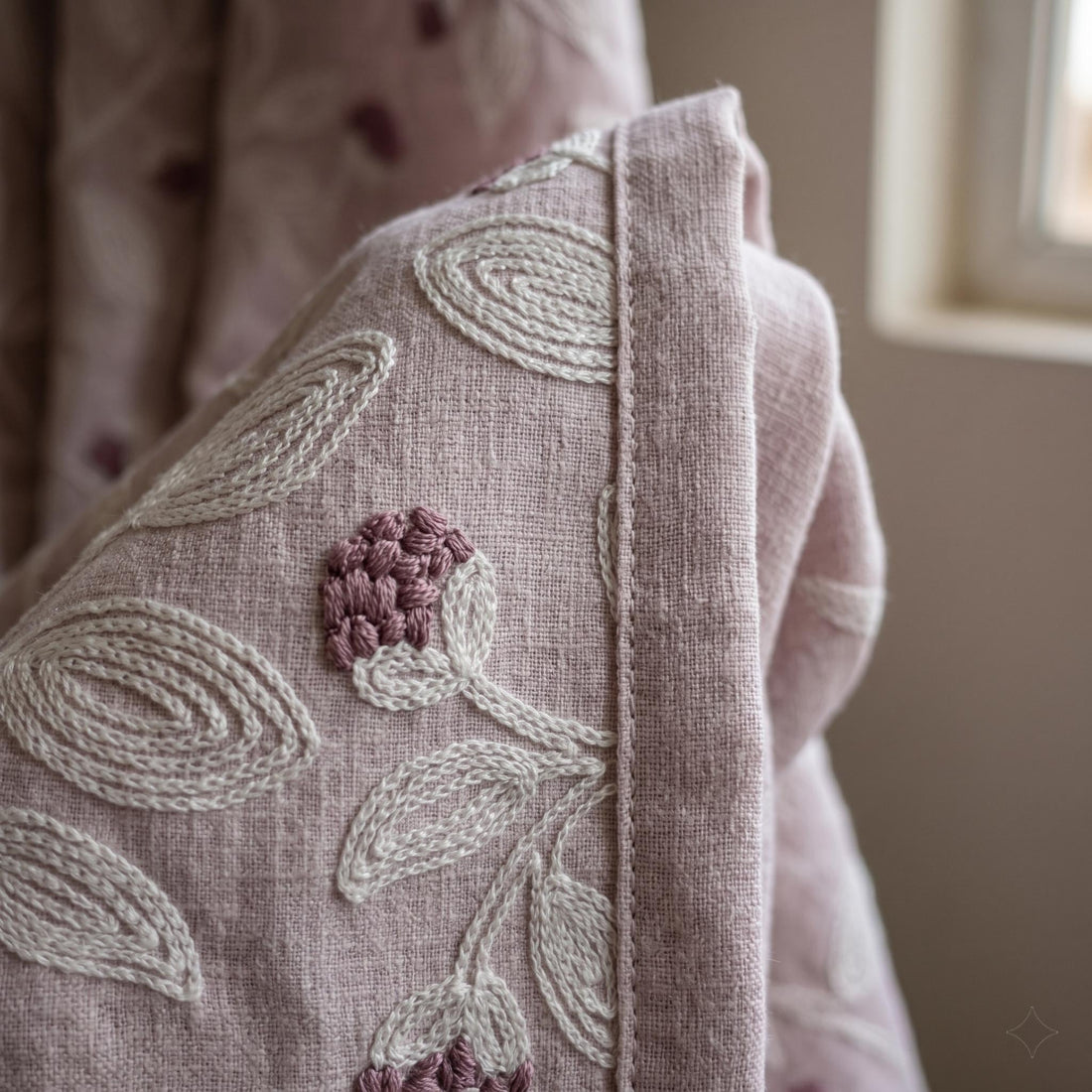 Light Pink Linen Curtains, Ivory Leaf Vine Embroidered Drapes, Mauve Floral Buds, Custom Blackout Panels — image 1