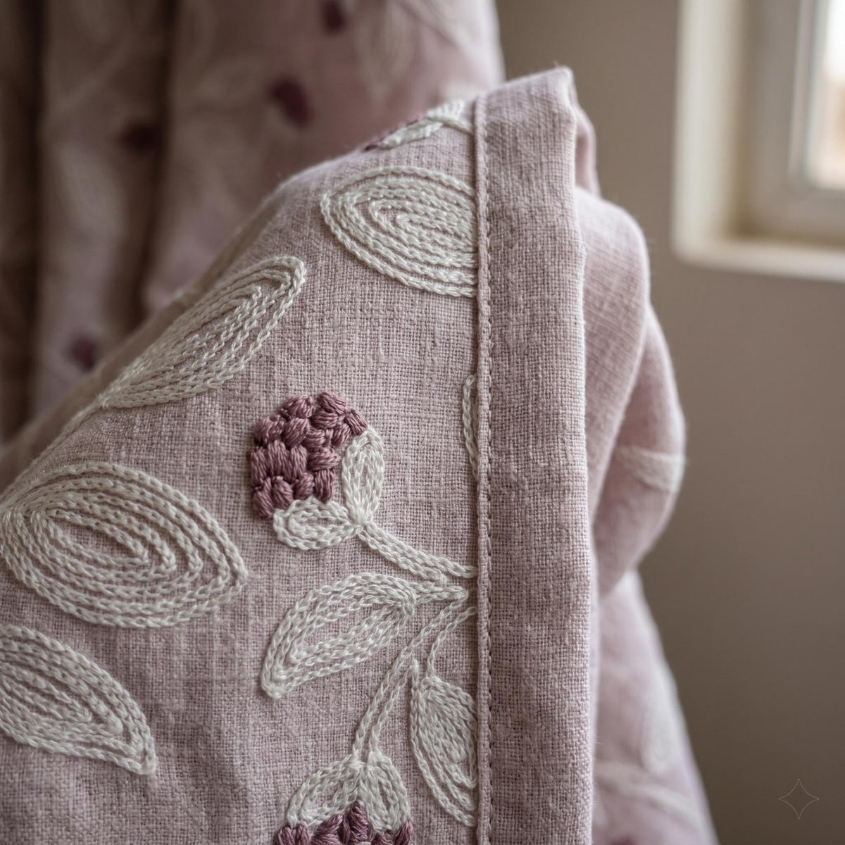Light Pink Linen Curtains, Ivory Leaf Vine Embroidered Drapes, Mauve Floral Buds, Custom Blackout Panels — image 1