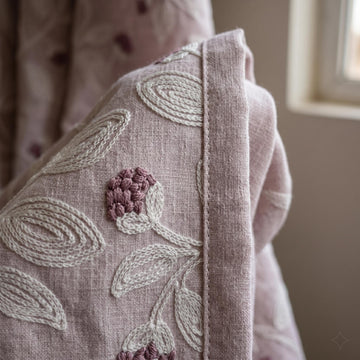 Light Pink Linen Curtains, Ivory Leaf Vine Embroidered Drapes, Mauve Floral Buds, Custom Blackout Panels — image 1