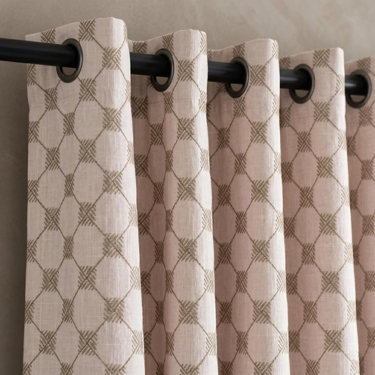 Light Pink Linen Curtains, Taupe Diamond Trellis Embroidered Drapes, Heavy Linen Blackout Custom Panels — image 4