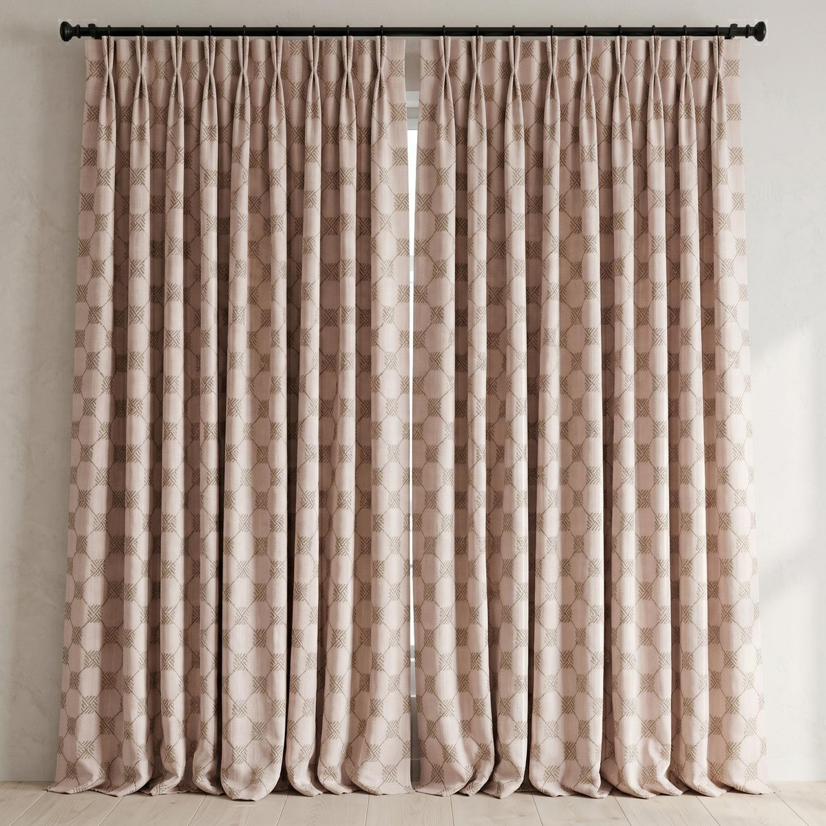 Light Pink Linen Curtains, Taupe Diamond Trellis Embroidered Drapes, Heavy Linen Blackout Custom Panels — image 5