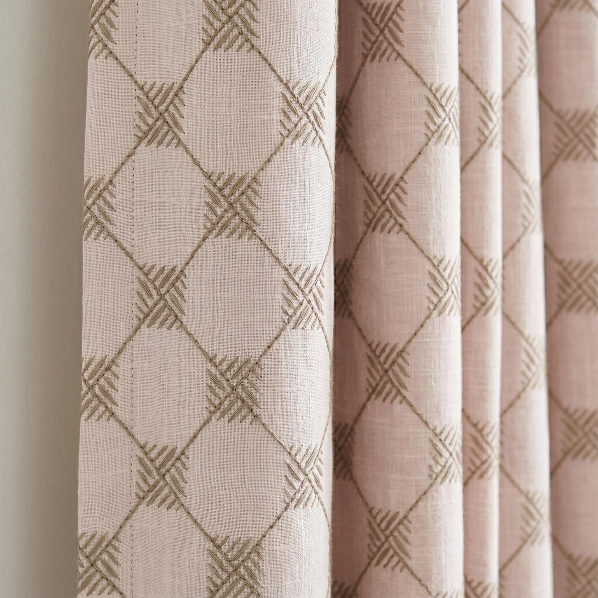Light Pink Linen Curtains, Taupe Diamond Trellis Embroidered Drapes, Heavy Linen Blackout Custom Panels — image 3
