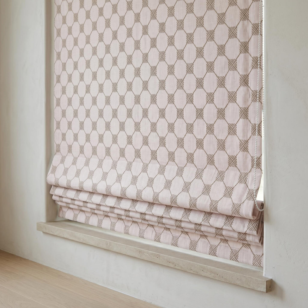 Light Pink Linen Roman Shade, Taupe Embroidered Diamond Blind, Custom Corded Blackout or Cotton Lined Window Shade — image 6