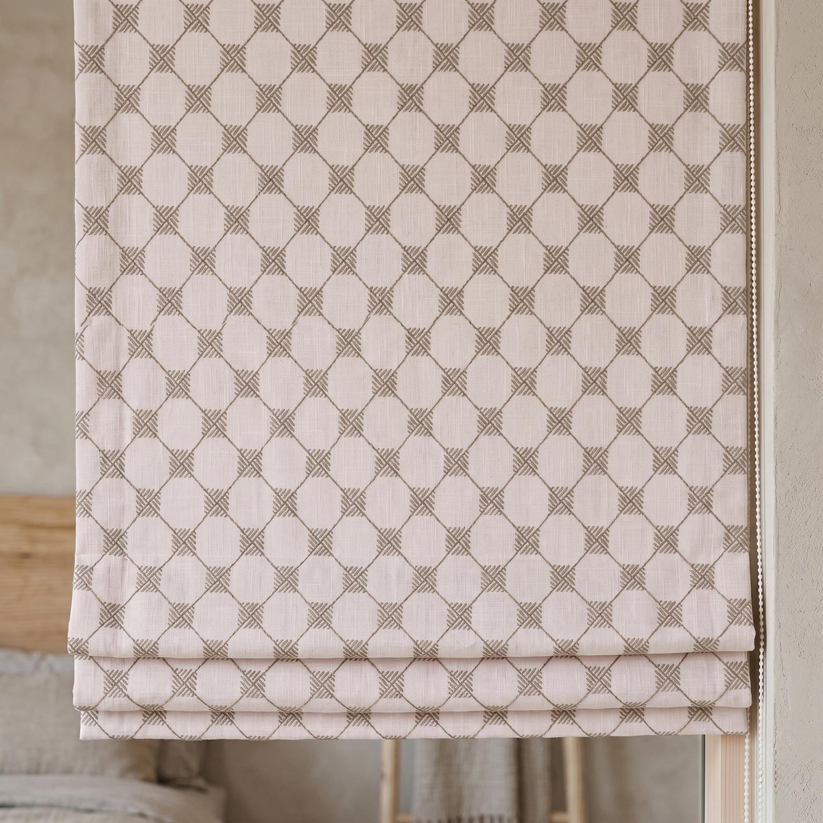 Light Pink Linen Roman Shade, Taupe Embroidered Diamond Blind, Custom Corded Blackout or Cotton Lined Window Shade — image 9