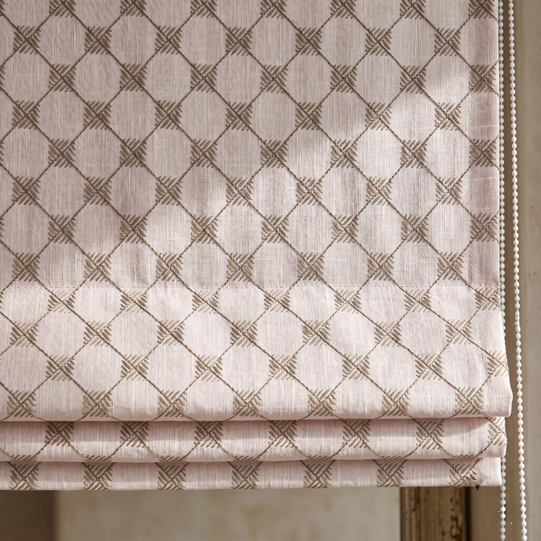 Light Pink Linen Roman Shade, Taupe Embroidered Diamond Blind, Custom Corded Blackout or Cotton Lined Window Shade — image 1