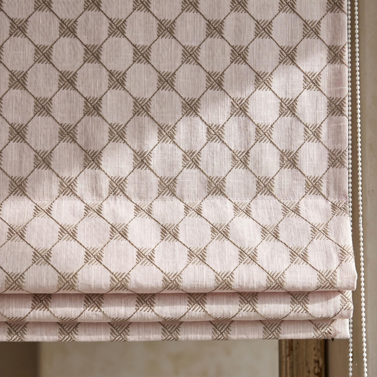 Light Pink Linen Roman Shade, Taupe Embroidered Diamond Blind, Custom Corded Blackout or Cotton Lined Window Shade — image 1