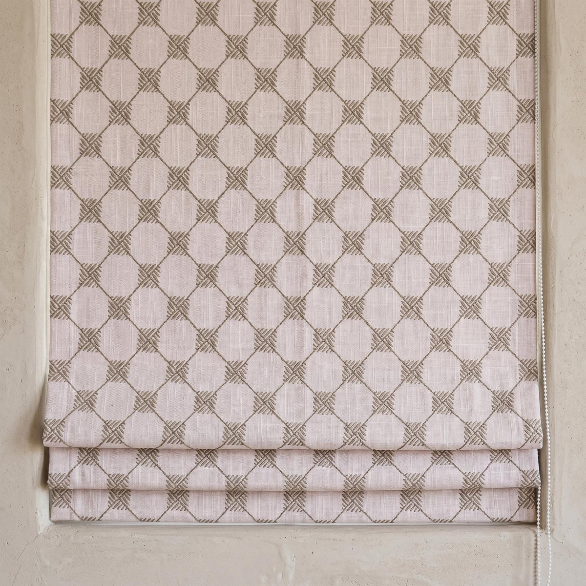 Light Pink Linen Roman Shade, Taupe Embroidered Diamond Blind, Custom Corded Blackout or Cotton Lined Window Shade — image 7