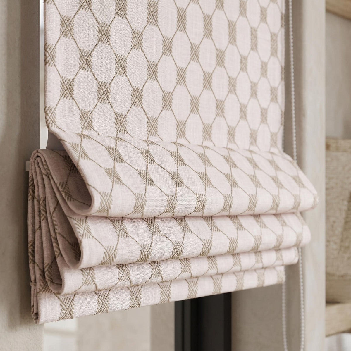 Light Pink Linen Roman Shade, Taupe Embroidered Diamond Blind, Custom Corded Blackout or Cotton Lined Window Shade — image 8